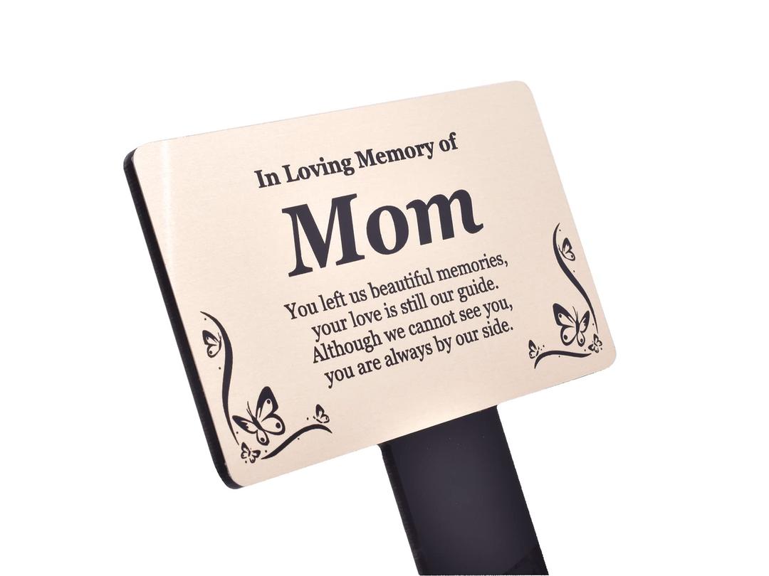 Mom Memorial Plaque - printed 'In Loving Memory Mom' remembrance poem, gold aluminium plaque, mounted onto a sturdy 5mm acrylic stake, grave marker