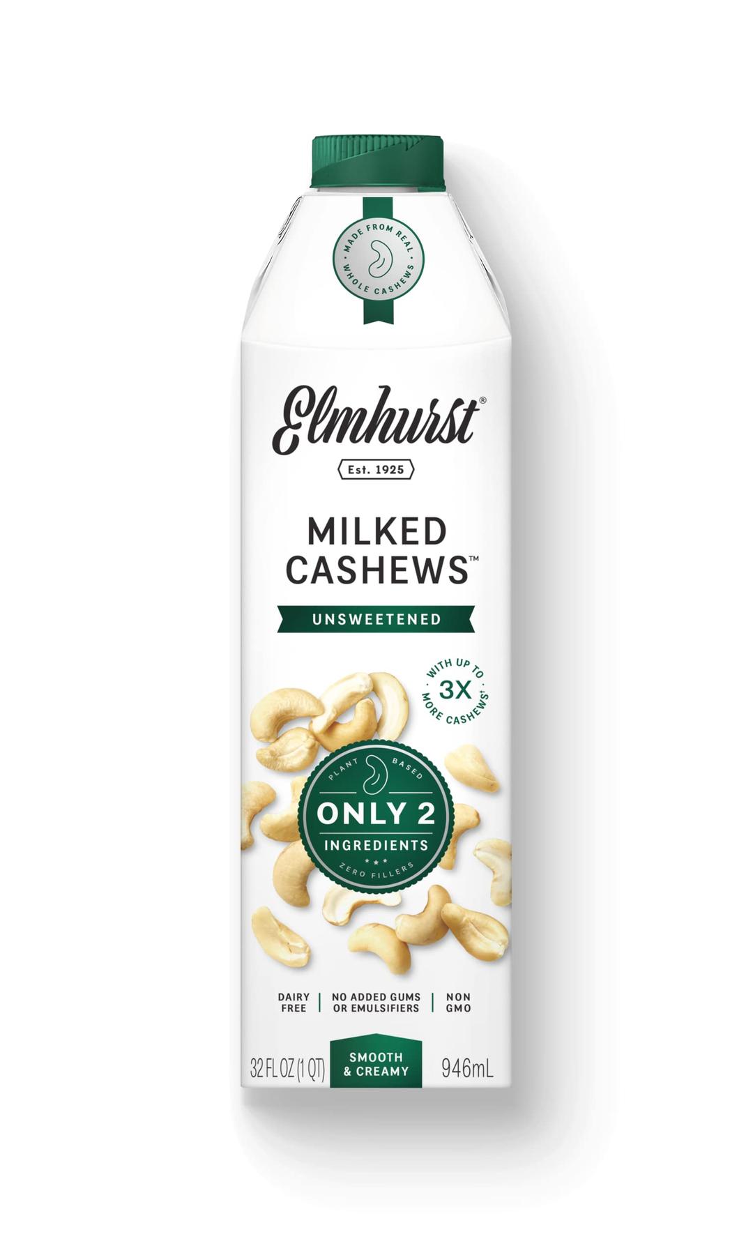 Elmhurst 1925 Cashew Milk, Unsweetened Cashew Milk, Shelf Stable Cashew Milk, Vegan, Kosher, Nondairy, Sugar Free, Non GMO, Plant Based Alternative Milk, Made With Water And Cashews, Simpler Better, 32 Ounce (Pack of 6)