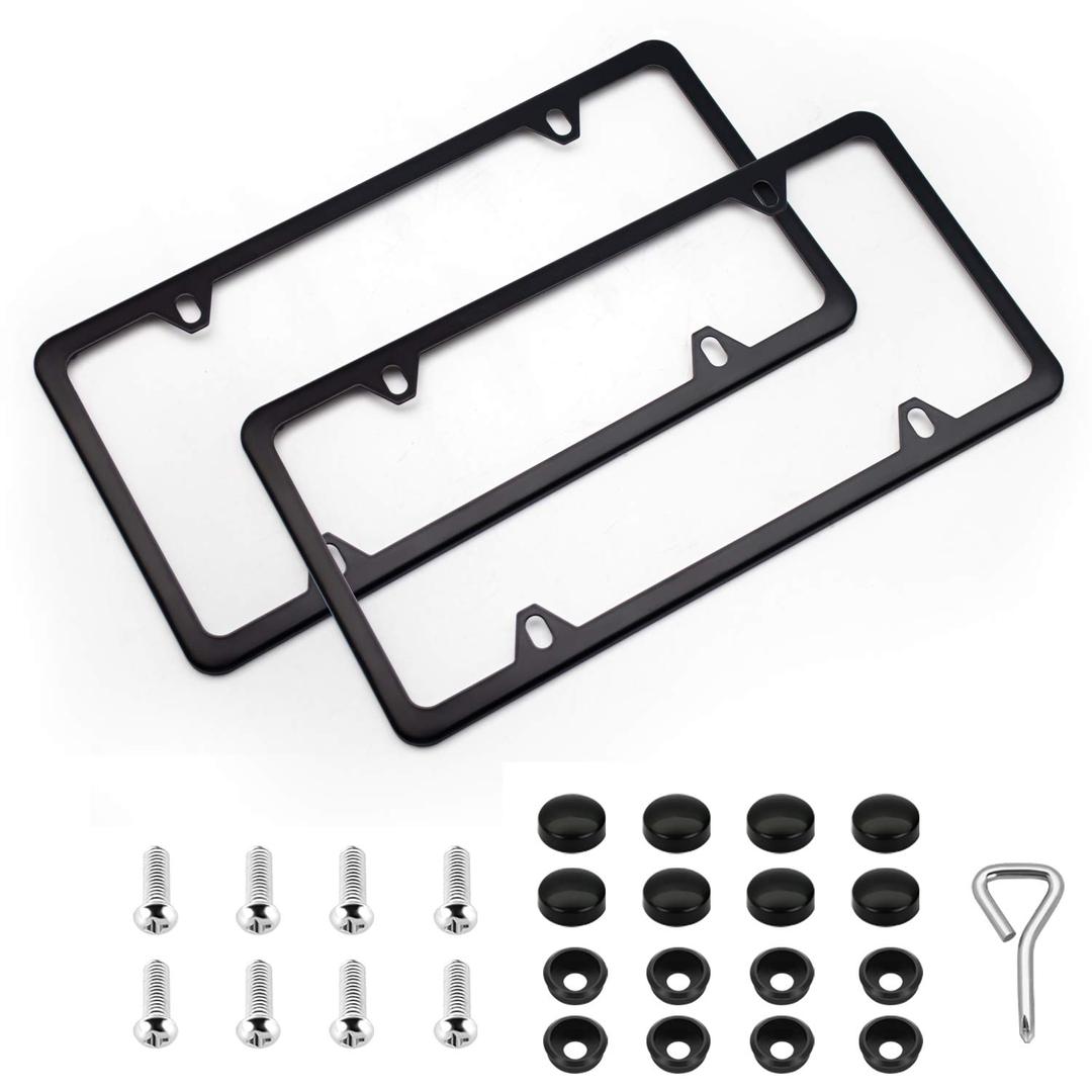 XCLPF 2 Pcs 4 Holes Stainless Steel Black License Plate Frame,Car Licenses Plate Covers Holders Frames for Plates with Screw Caps.(Black)