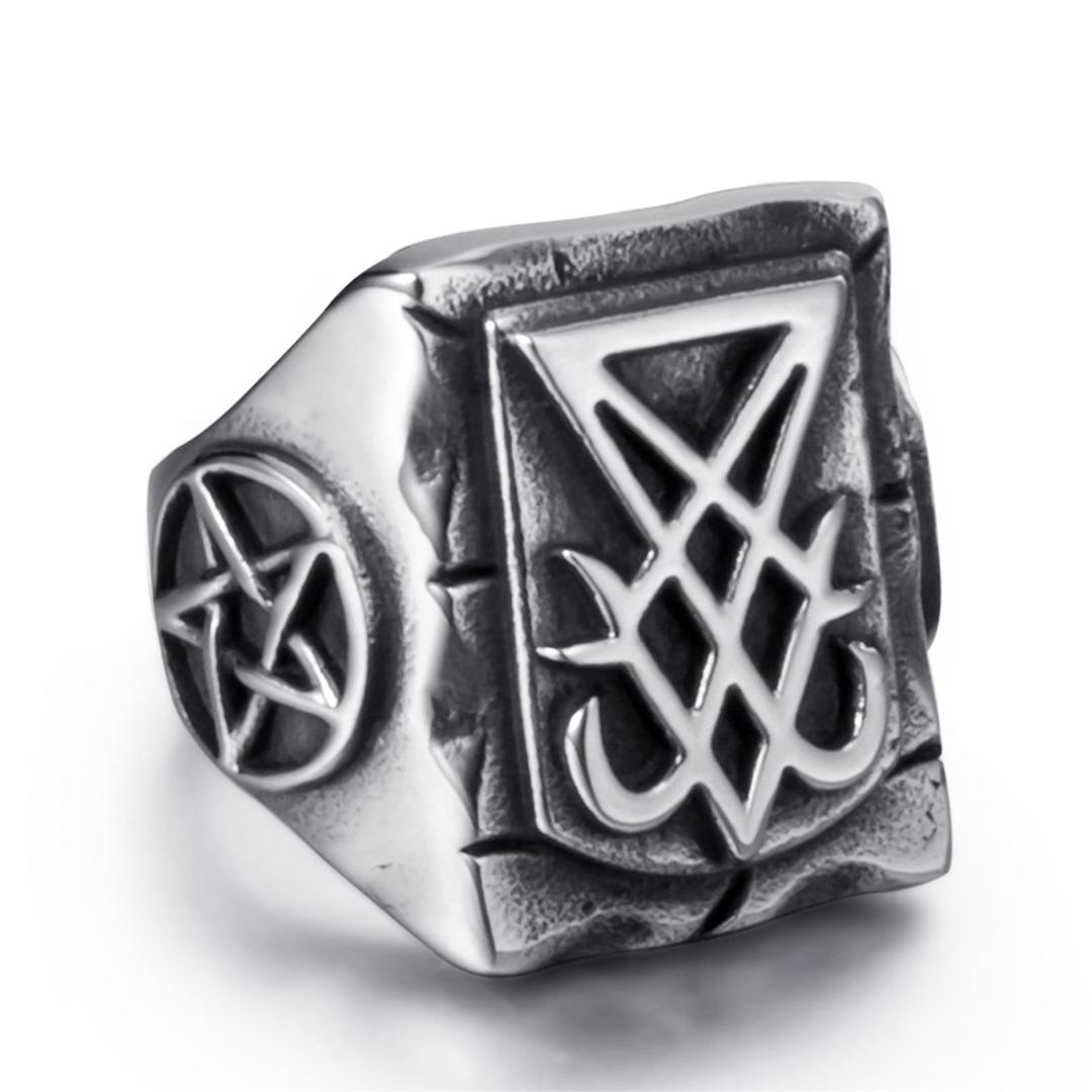 Satanic Rings Men Stainless Steel Sigil of Lucifer/Seal of Satan Baphomet Pentagram Leviathan Cross Devil Symbol Jewelry