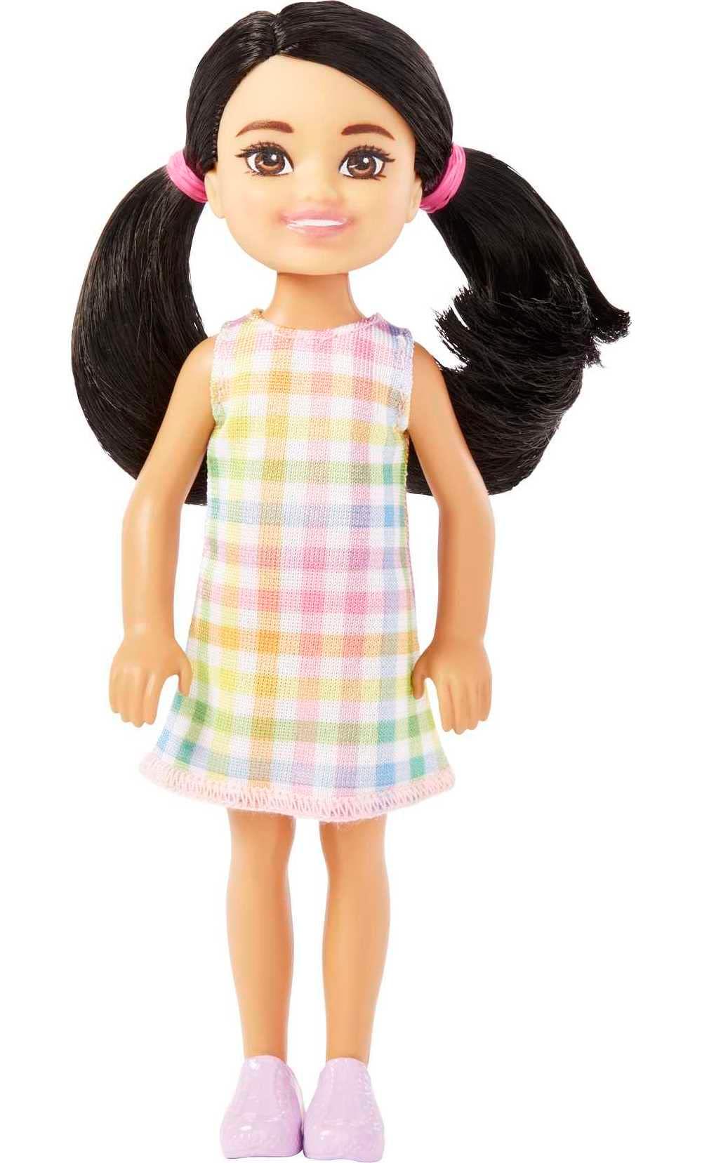 BarbieChelsea Doll, Small Doll with Black Hair in Pigtails & Brown Eyes Wearing Removable Plaid Dress & Pink Shoes