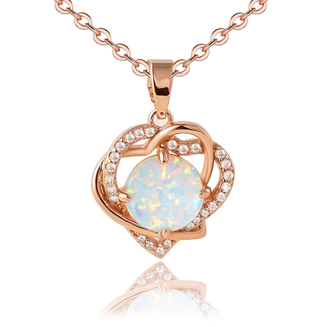 Opal Pendant Necklace 18K Rose Gold Plated Heart CZ Halo Necklace Jewelry for Women Birthday Gift