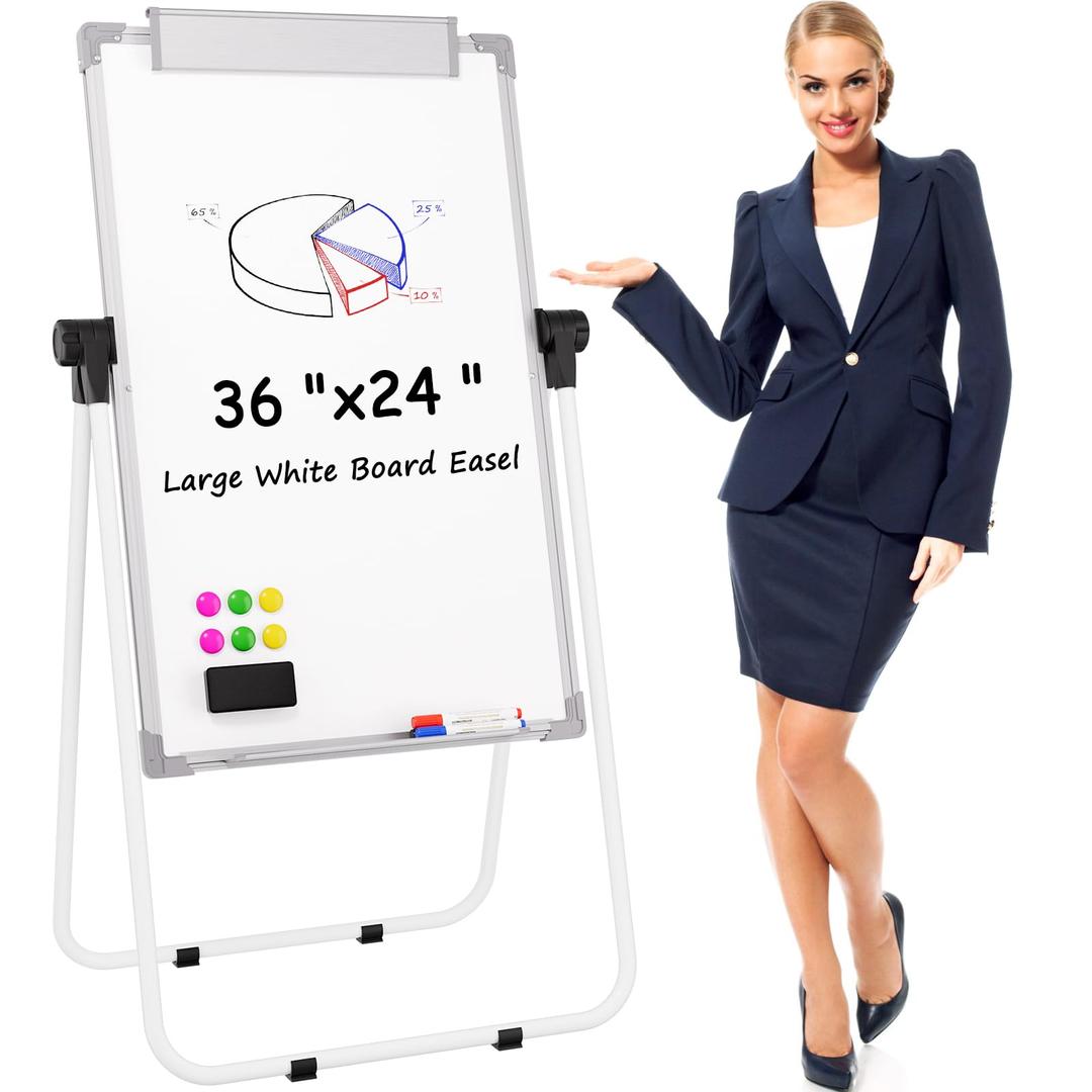 MaxGear Large White Board with Stands, 36" x 24" Big Double Sided Classroom Easel Dry Erase Board, Home & Office Stand Flip Chart, Height Adjustable and 360 Degree Rotating Whiteboard