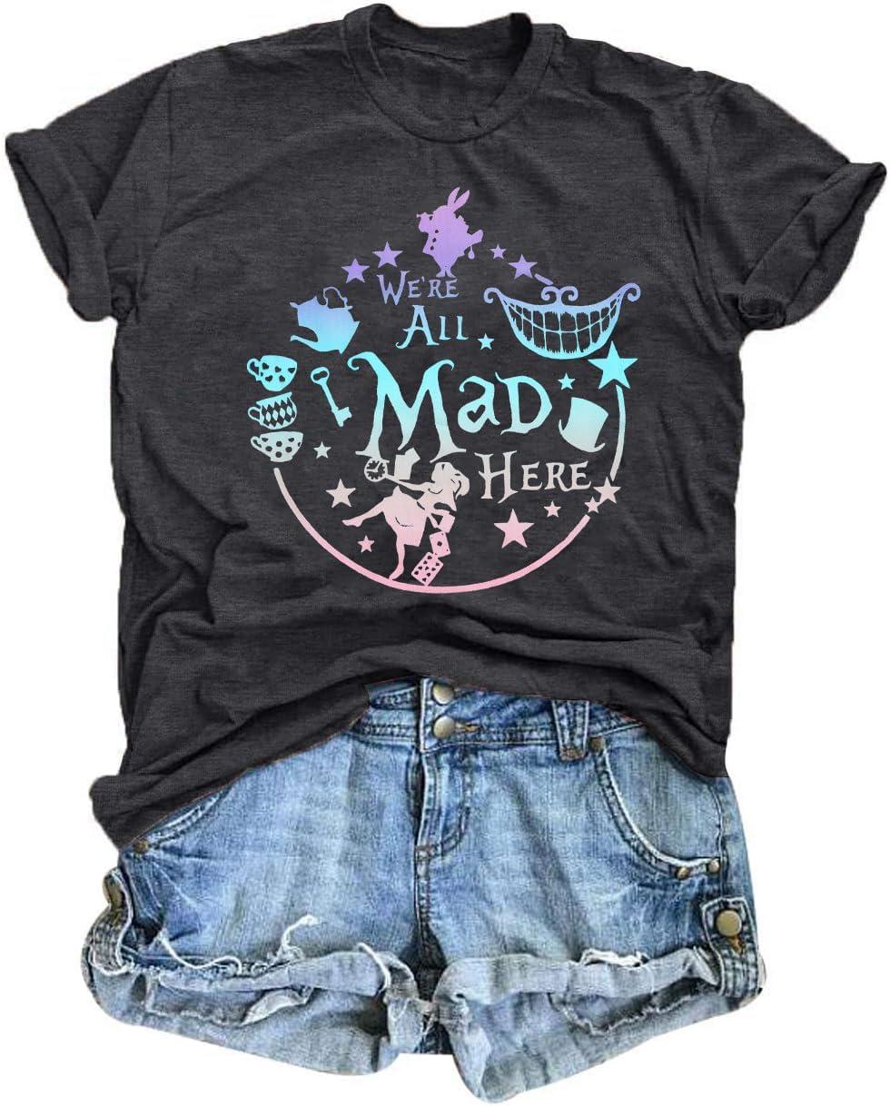 ASTANFYAlice in Wonderland Shirt Women Vacation Shirts We're All Mad Here Tshirt Mad Tea Party Shirt Cute Graphic Tee Tops