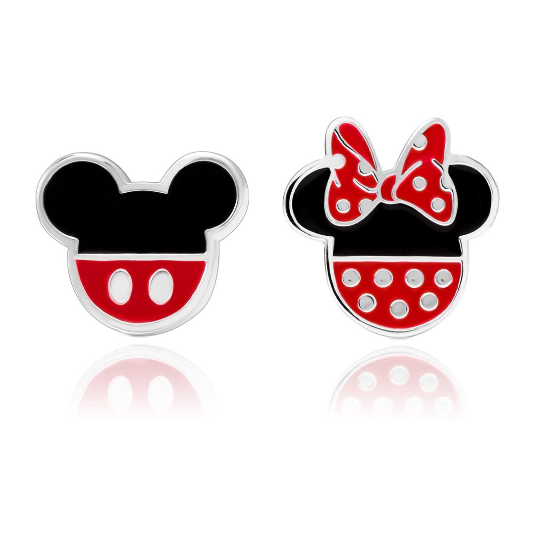 DisneyMickey Mouse and Minnie Mouse Mismatched Stud Earrings Silver Plated, Officially Licensed