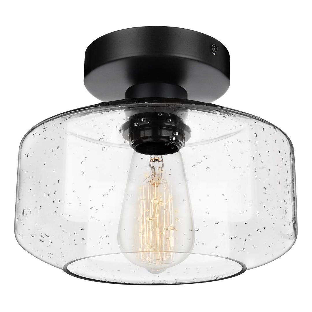 SunRider Industrial Semi-Flush Mount Ceiling Light Fixture, Modern Seeded Glass Pendant Lamp, Black Farmhouse Hanging Lighting for Bedroom Hallway