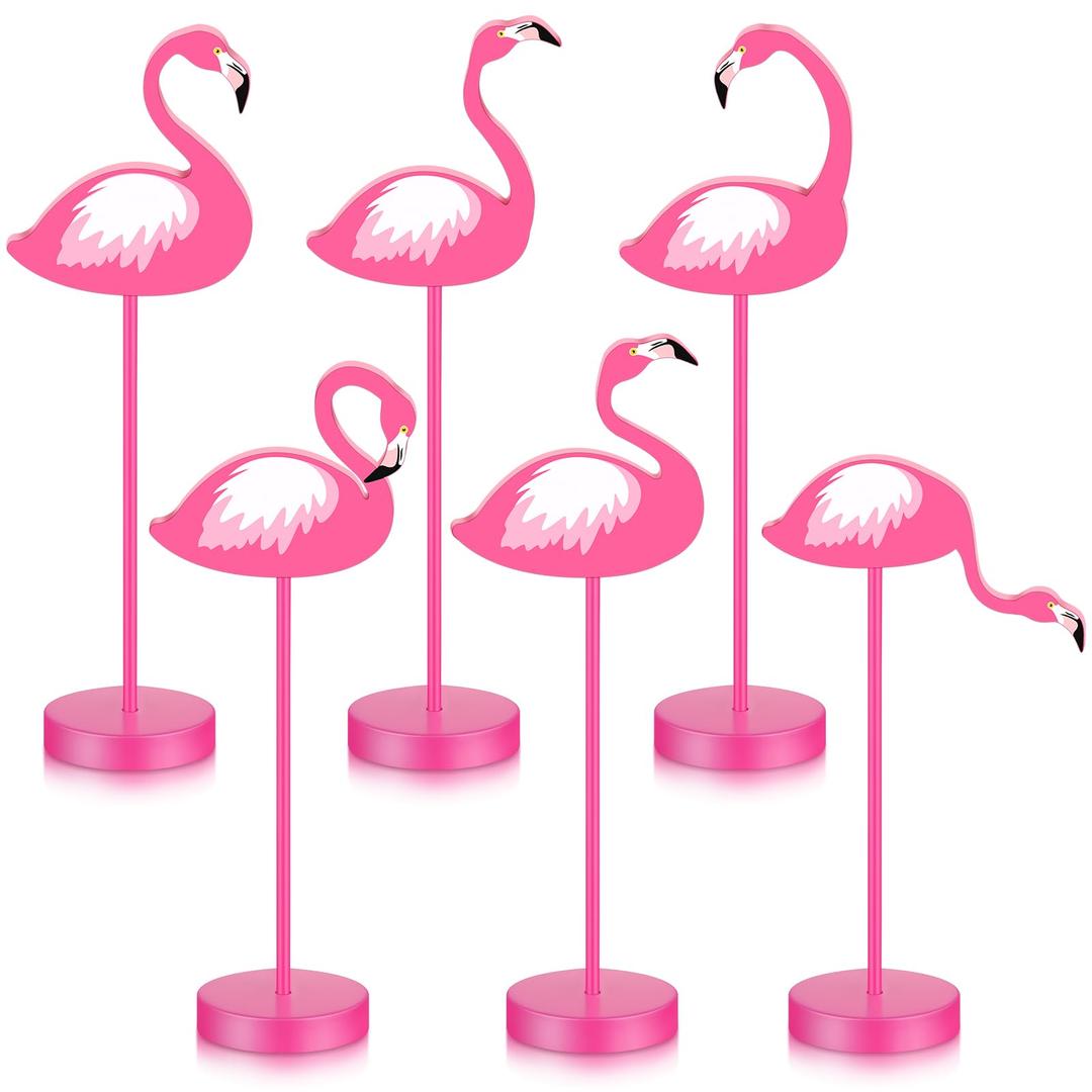 WenqikWenqik 6 Pcs Flamingo Wood Tall Standing Block Set Tropical Bird Table Centerpieces Toppers Summer Pink Flamingo Table Sign for Home Office Desk Tier Tray Decor Party Supplies