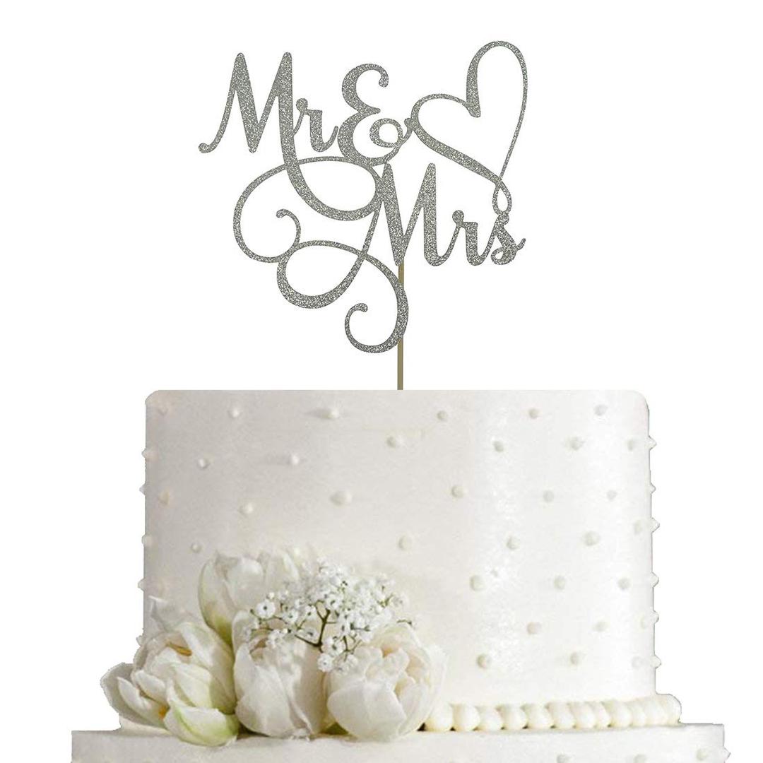 Silver Glitter Mr & Mrs Cake Topper - Wedding, Engagement, Wedding Anniversary Cake Toppers Decorations