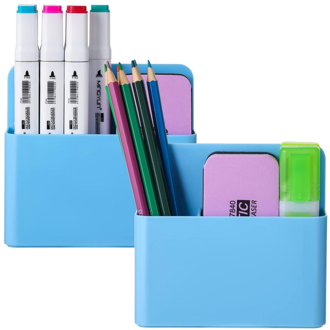 Mabrasse 2p Magnetic Dry Erase Marker Holder,Pen and Eraser Holder for Whiteboard, Magnet Pencil Cup Utility Storage Organizer for Office, Refrigerator, Locker and Metal Cabinets (Blue)