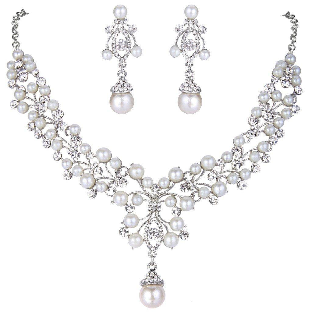 EVER FAITHFlower Simulated Pearl Wedding Jewelry Set Clear Austrian Crystal