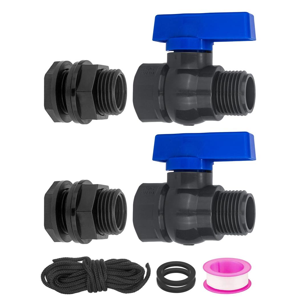 PVC Rain Barrel Spigot Kit 2 Pack 3/4" GHT Ball Valve With Bulkhead Fitting Adapter for Water Tanks, Aquariums, Pools