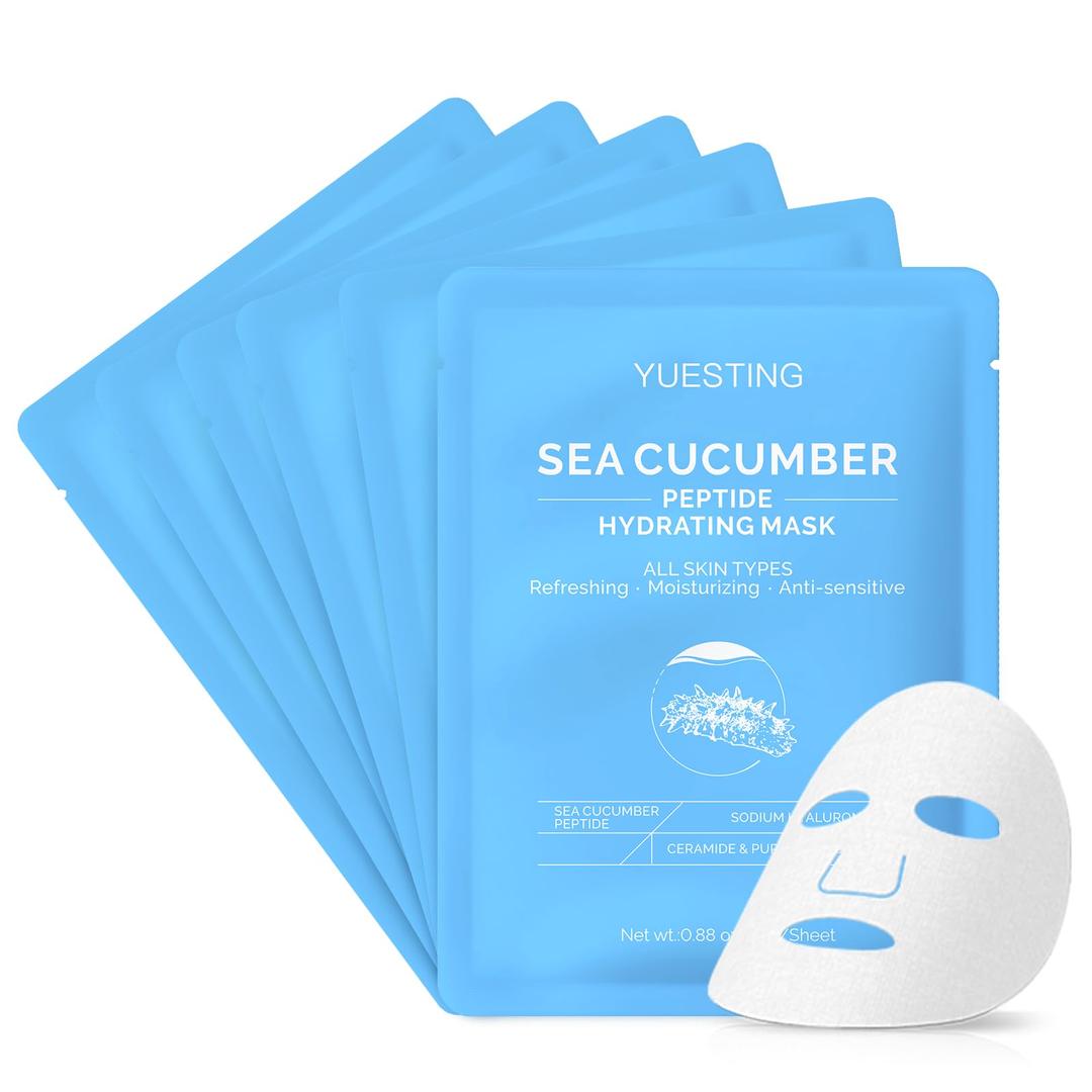 YUESTINGFace Mask Skincare 6 Pack,Sea Cucumber Peptide Facial Masks,Sodium Hyaluronate Ceramide Formulated Facial Masks Deep Moisturizing Face Masks