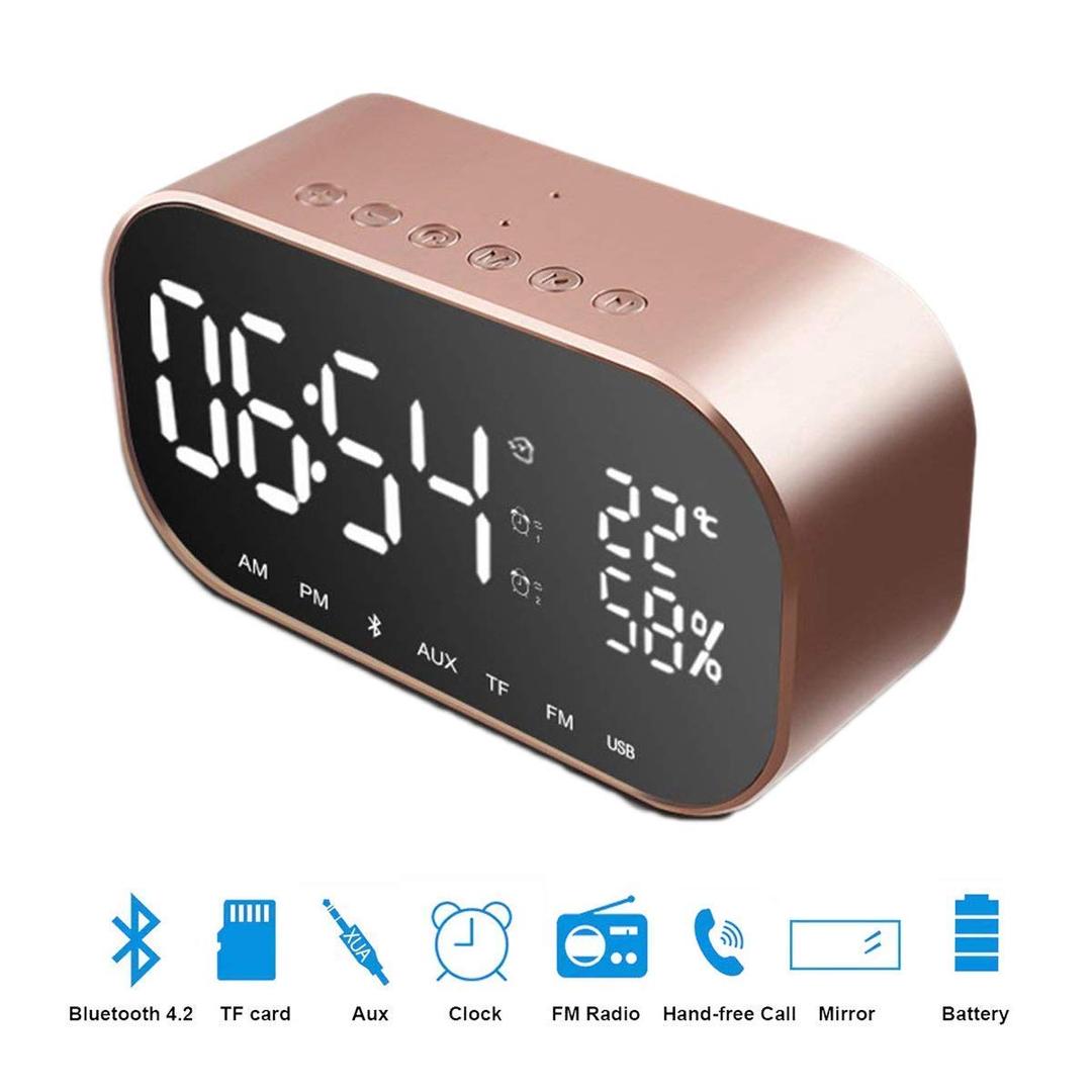 Alarm Clock Bluetooth Speaker, shsyue Metal Bluetooth Dual Speaker with Thermometer, Dimmable LED Display, Dual Alarm with Snooze, TF Card Slot, USB Charging Port (Rose Gold)