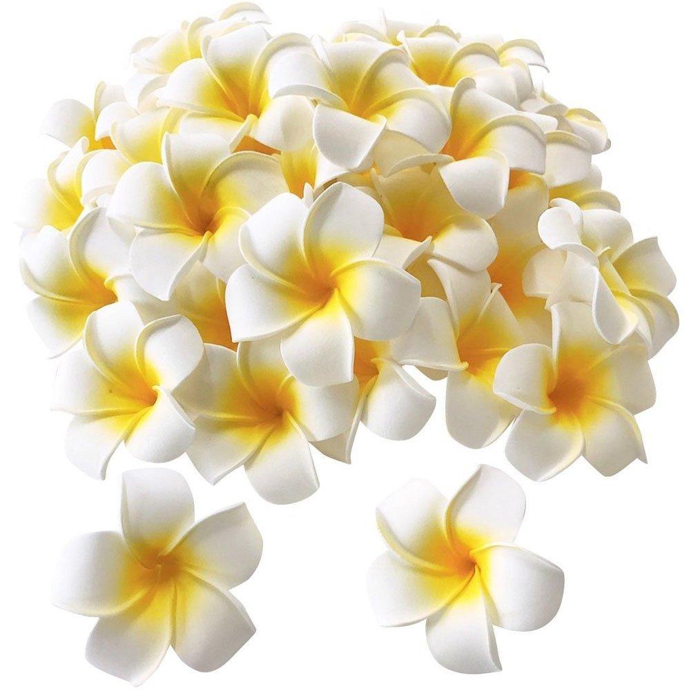 Pursuestar 100Pcs White Foam Hawaiian Frangipani Artificial Plumeria Flower Petals Cap Hair Hat Wreath Floral DIY Home Wedding Decoration 5cm