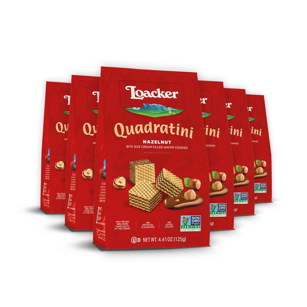 LoackerQuadratini Hazelnut Wafer Cookies SMALL - Premium Crispy Bite Size Wafers - 30% Less Sugar - NON-GMO - SMALL Pack of 6