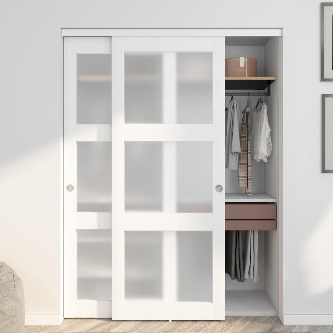 JUBEST Sliding Closet Door 60"(Double 31") x 80", 3-Lite Frosted Glass Bypass Door with Hardware Kit & Matching Fascia, Pre-Drilled Solid Wood Slab with Water-Proof PVC Surface, Easy to Install, White