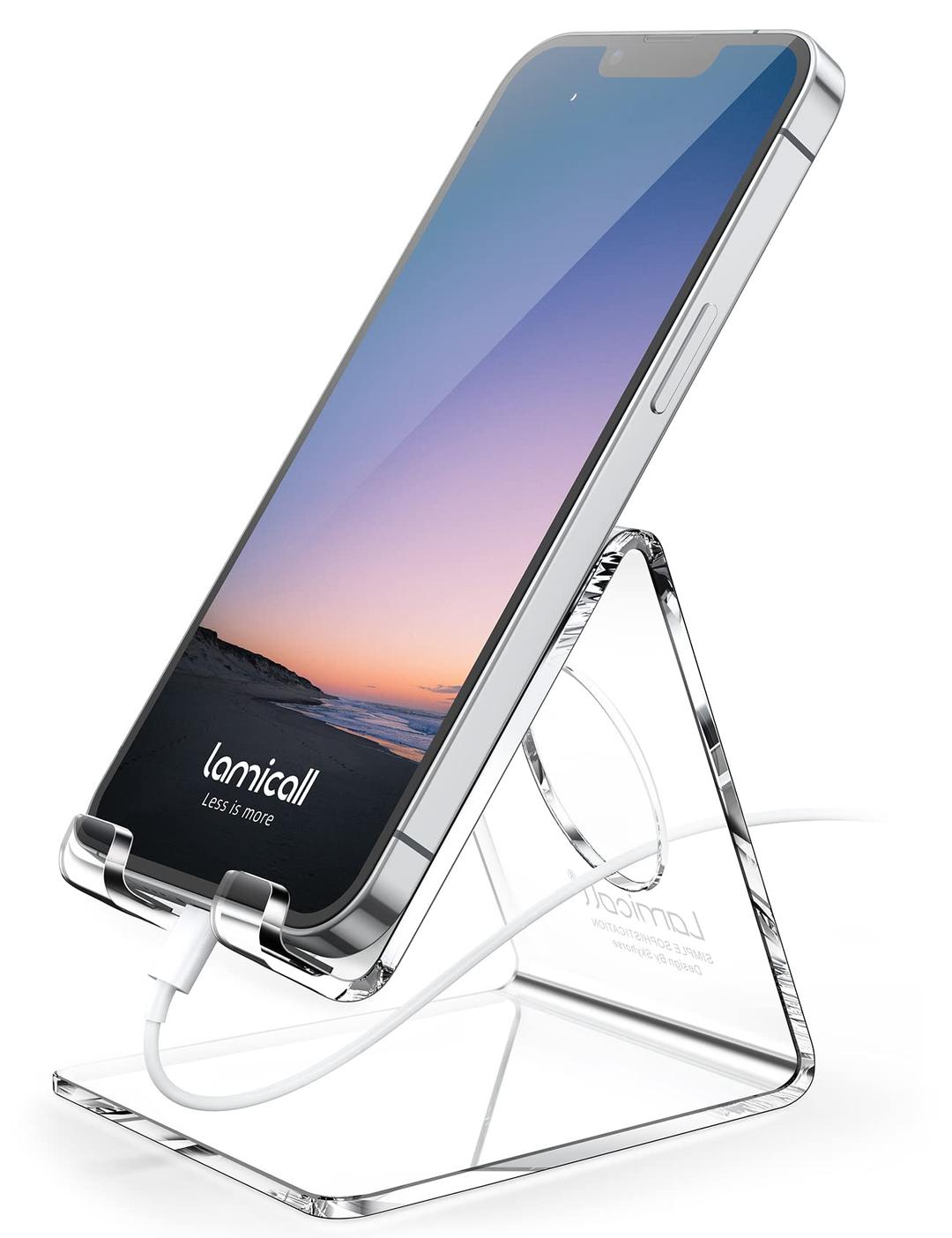 Lamicall Cell Phone Stand, Desk Accessories - Clear Office Cell Phone Holder, Acrylic Phone Stand for Desk, Desktop, Acrylic Office Desk Accessories, Desk Decor, Suitable for iPhone, 4-8'' Phone