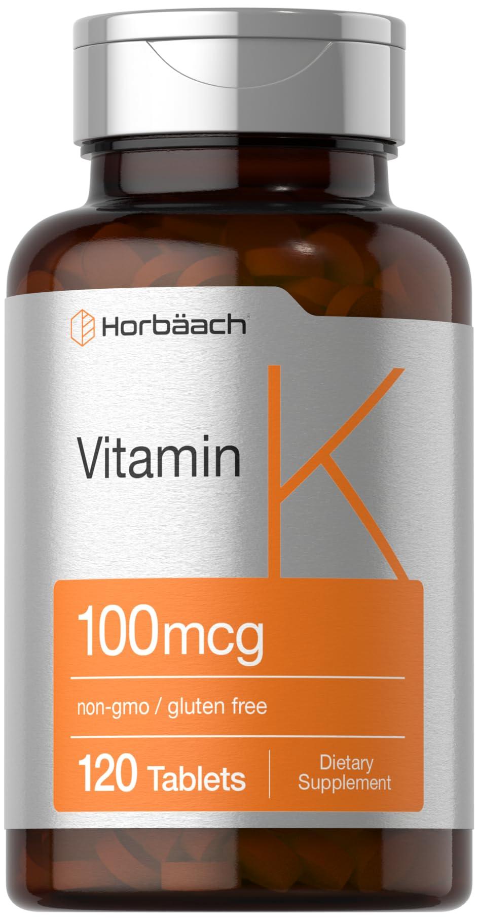 Horbäach Vitamin K Supplement | 100mcg | 120 Tablets | Vegetarian, Non-GMO & Gluten Free Supplement