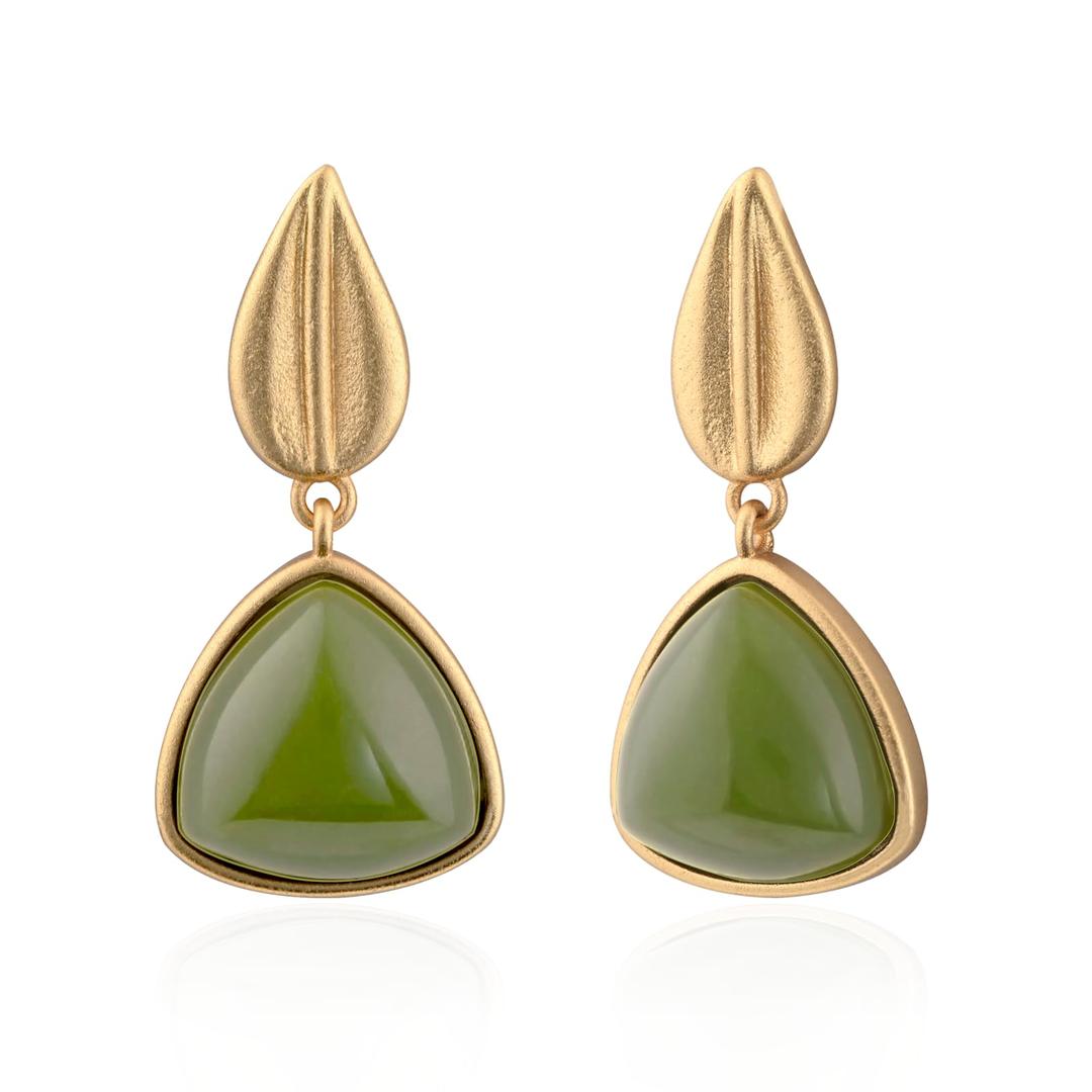 ElaximnGold Plated Natural Green Jade Earrings Elegant Triangle Birthstone Earrings with Gold Leaf Stud Earrings for Women Trendy Hypoallergenic Jade Jewelry for Gift