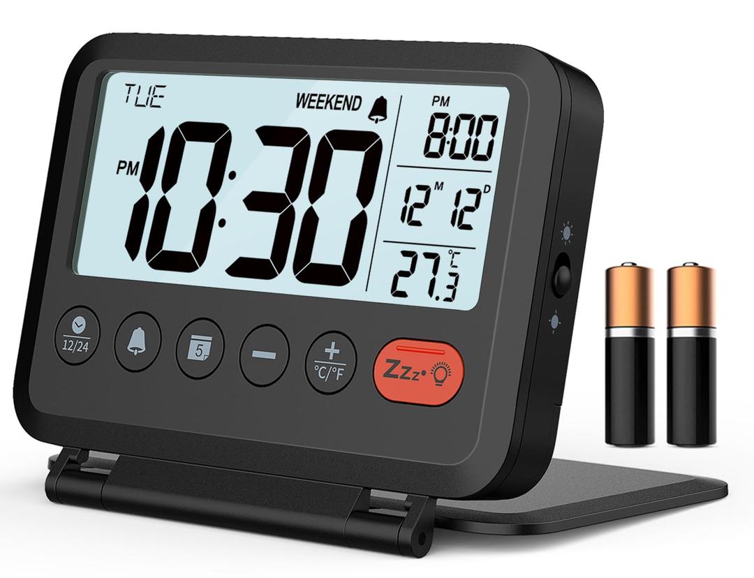 Digital Travel Alarm Clock, Black, 3.54 inch LCD Display, 9-Minute Snooze, 2 Volume Levels, Backlight, Battery Included