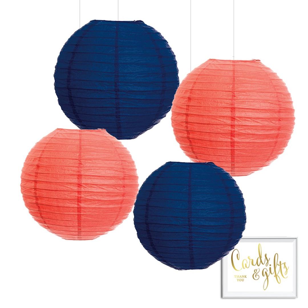 Andaz Press Hanging Paper Lantern Party Decor Trio Kit with Free Party Sign, Coral and Navy Blue, 4-Pack, for Nautical Bridal Shower Wedding Decorations