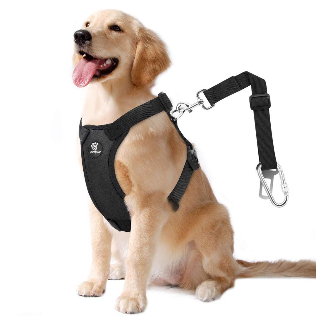 Dog Vehicle Safety Vest Harness, Adjustable Soft Padded Mesh Car Seat Belt Leash Harness with Travel Strap and Carabiner for Most Cars, Size Large, Black