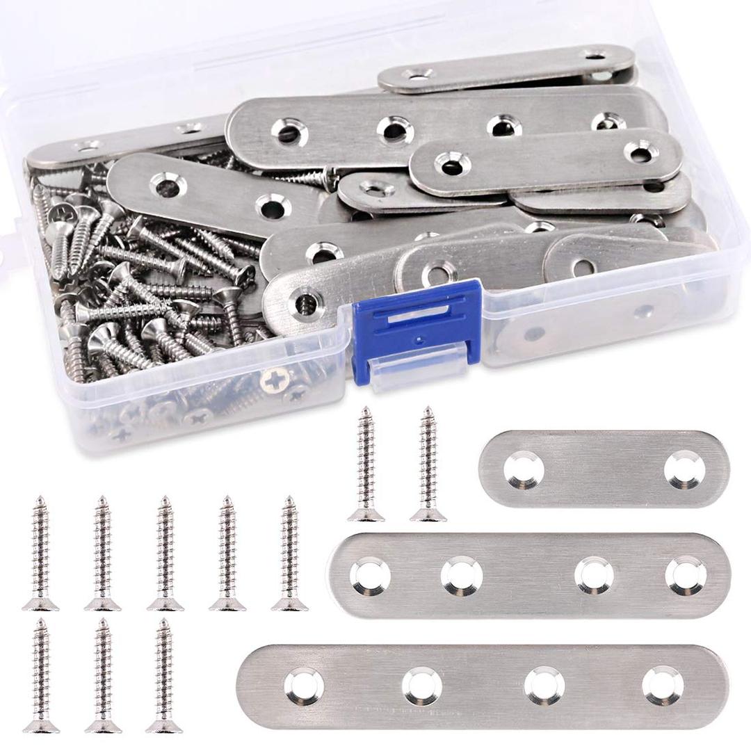 115Pcs 3 Sizes Stainless Steel Flat Straight Brace Brackets Metal Shelf Support Brackets Joining Plate with Screws Perfect for Mending Repair Plates Fixing Bracket Connector - 50mm/ 80mm/ 100mm