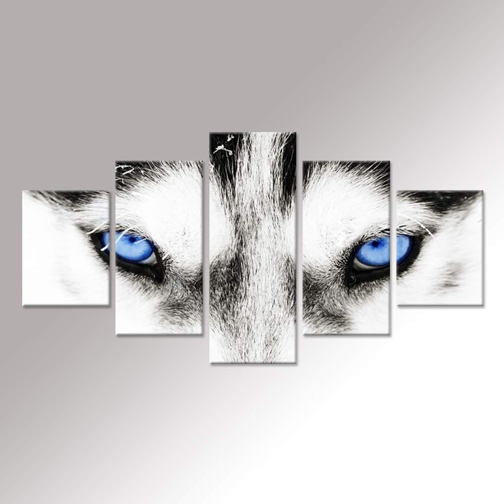 Large 5 Pieces Wolf Canvas Wall Art Black and White Wolf Dog Blue Eyes Animal Face Head Series Abstract Picture Painting Artwork for Living Room Home Decor Ready to Hang