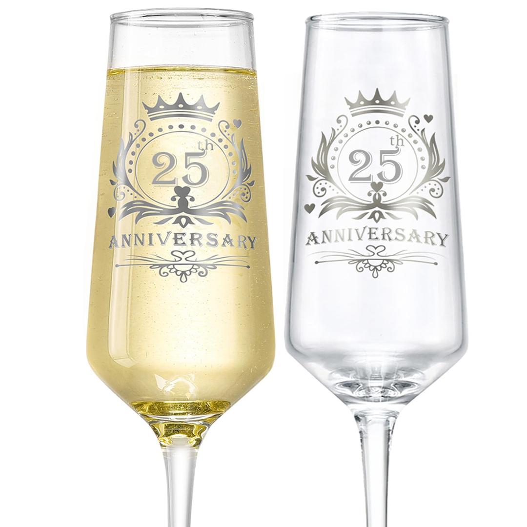 ROXBURGH 25th Wedding Anniversary Champagne Flutes Gifts Set of 2, 25th Anniversary Decorations 7 OZ Crystal Champagne Glasses, Wedding Gifts for Couples, Parents Anniversary