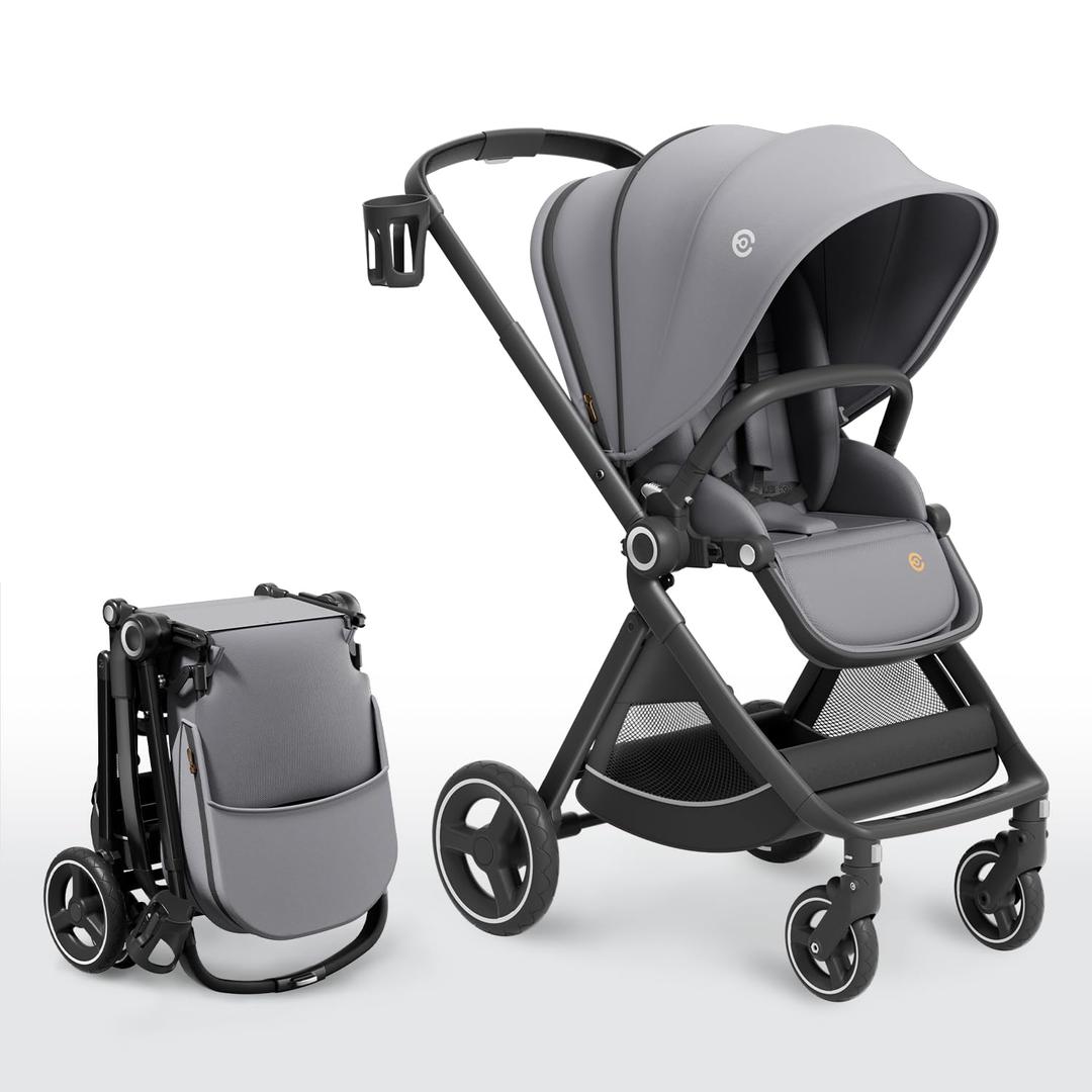 Reversible Baby Stroller, ELITTLE EMU Full-Size Toddler Stroller, Full Recline Cockpit Compact Stroller, 0-36 Months Newborn Infant Stroller, All-Terrain Stroller for City, Outdoor, Travel (Gray)