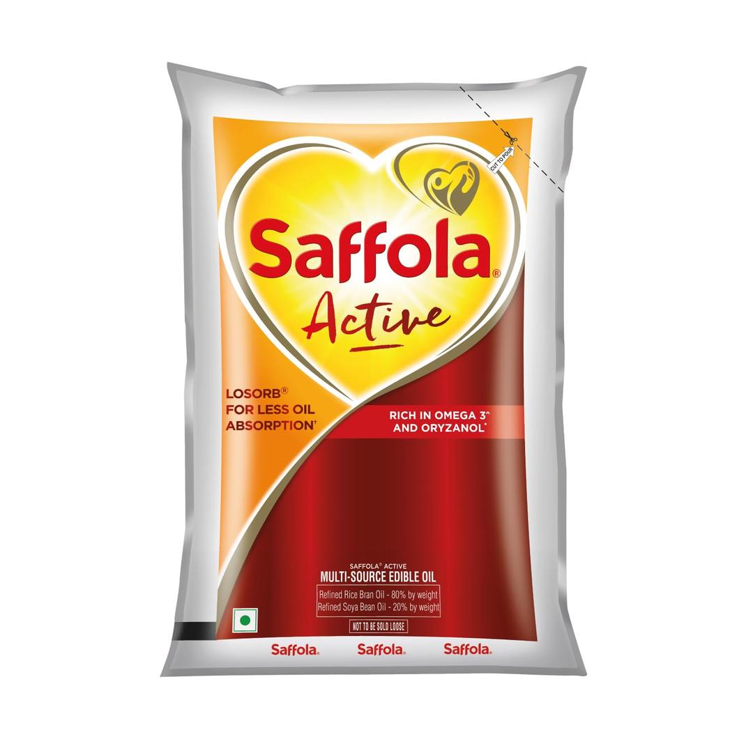 Saffola Active Refined Oil|Blend of Rice Bran Oil & Soyabean Oil|Cooking Oil|Pro Weight Watchers Edible Oil 1 Litre Pouch