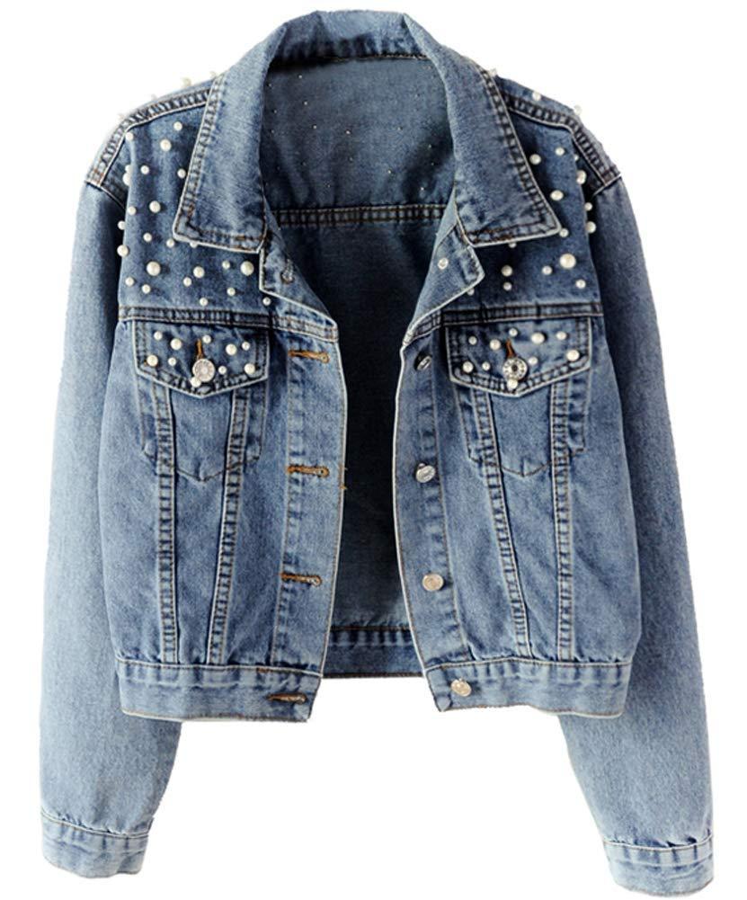 Kedera Women Oversized Denim Jacket Embroidered Pearls Beading Jeans Coat