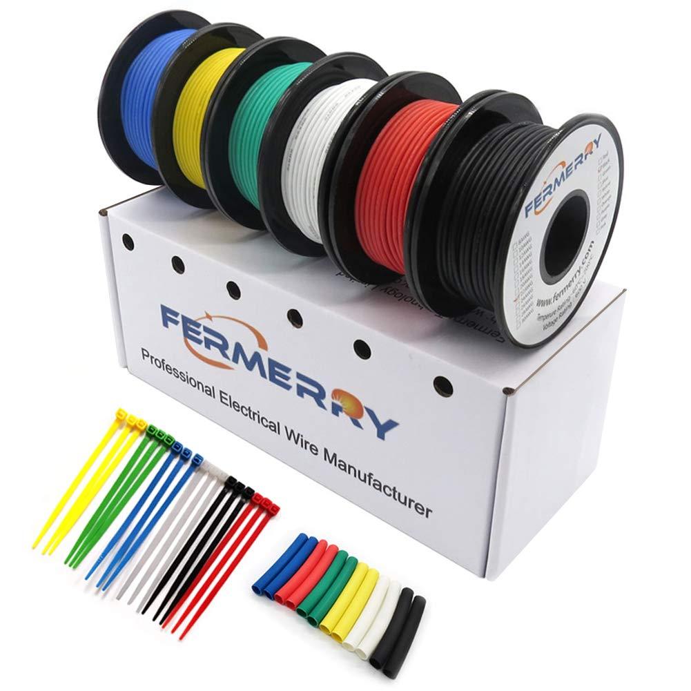 Fermerry 20 AWG Stranded Wire Spool 25ft Each 6 Colors Flexible 20 Gauge Silicone Hook up Wire Kit Electrical Tinned Copper Wire