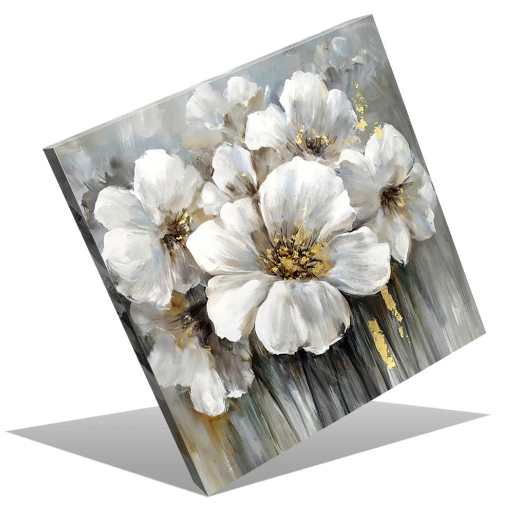 Bathroom Flower Picture Wall Art White and Gray Floral Painting with Gold on Canvas for Powder Room Bedroom Decor 13.5" x 13.5"