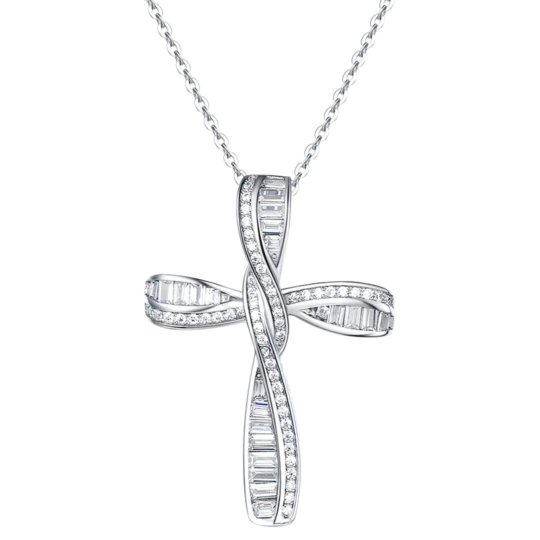 FANCIMECross Necklace For Women 925 Solid Sterling Silver Cubic Zirconia Twisted Cross Infinity Loop Princess Pendant Necklace Faithful For Women, 18" Extender