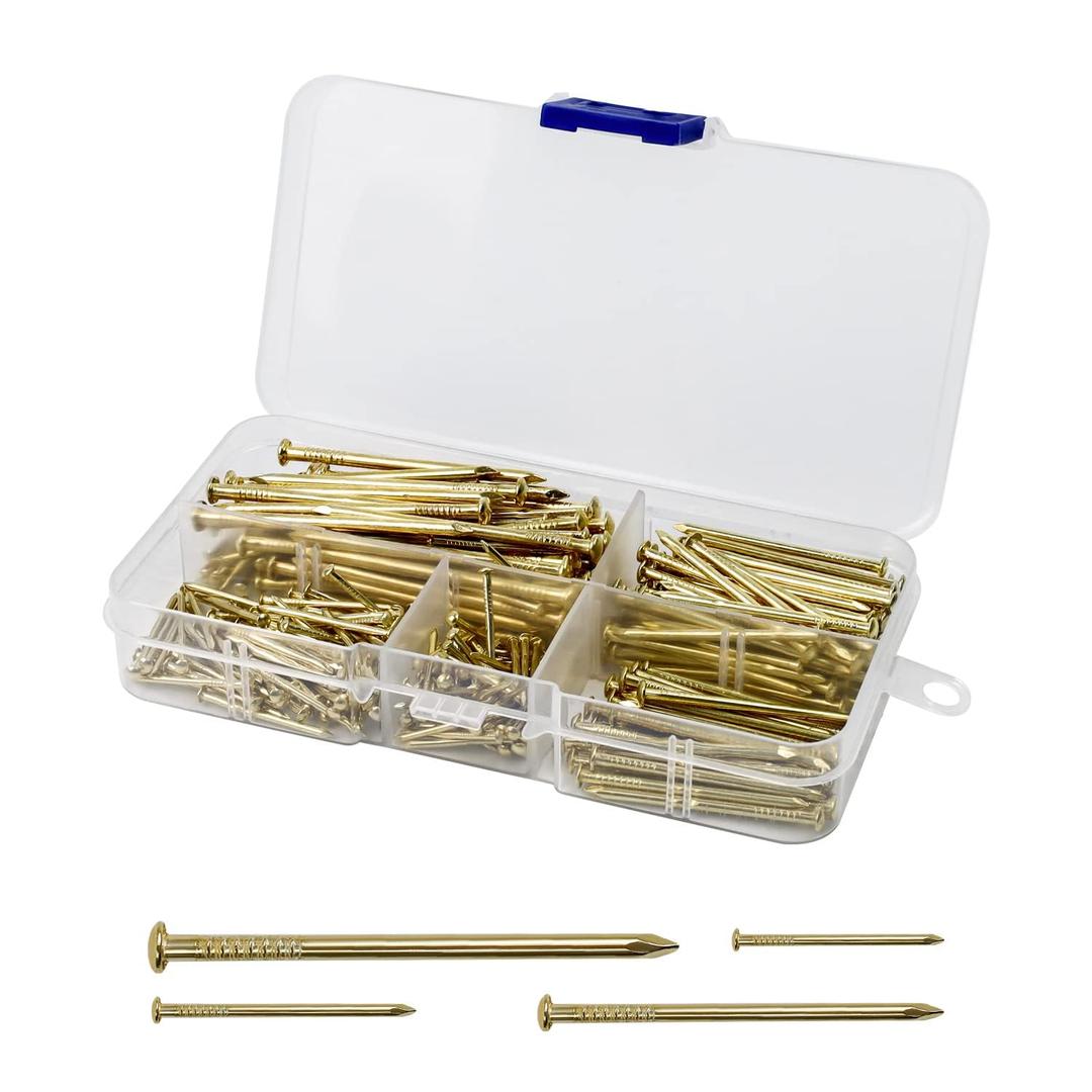 Wall Nails Set - 350 Pieces Concrete Nails - Metal Steel Nails - Four Sizes (5 cm, 4 cm, 2.5 cm, 2 cm) Golden Cement Nail - with Storage Box, Can be Used for Home, Construction Site (Gold)