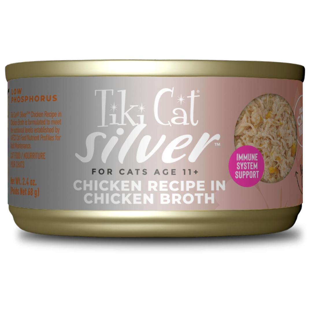 Tiki Cat Silver Comfort Shreds, Chicken Recipe in Chicken Broth, Immune System Support Formulated for Older Cats Aged 11+, Senior Wet Cat Food, 2.4 oz Cans (Pack of 12)