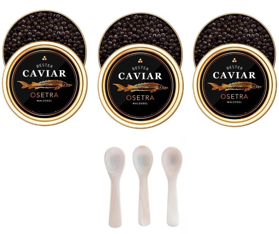 OVERNIGHT GUARANTEED, BESTER Premium Russian Osetra Sturgeon Caviar - 3 tins of 1 oz -30G (Trio Pack) - Malossol Ossetra Black Roe - Premium Quality, Traditional Style, imported