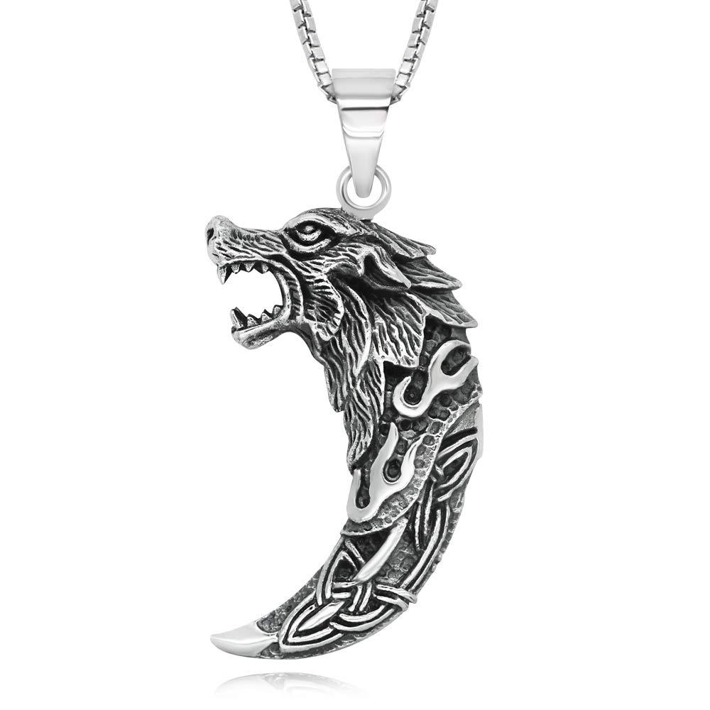 925 Sterling Silver Celtic Wolf Tooth Pendant Necklace, 18"