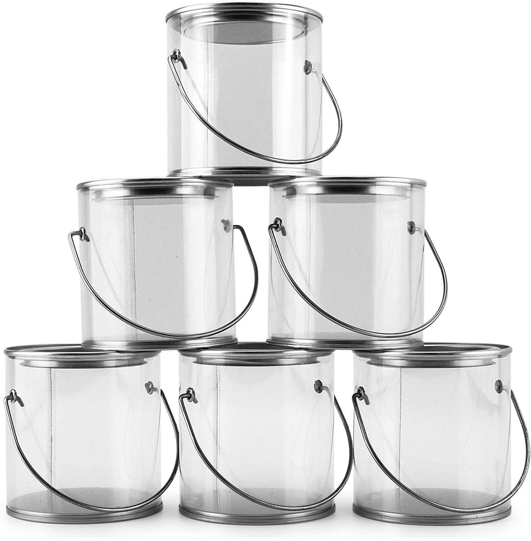 Mini Clear Plastic Paint Cans (6-Pack), Little 3-Inch Tall Miniature Crafts and Party Favor Cans; Not for Liquid or Heavy Objects, 1-Cup Capacity