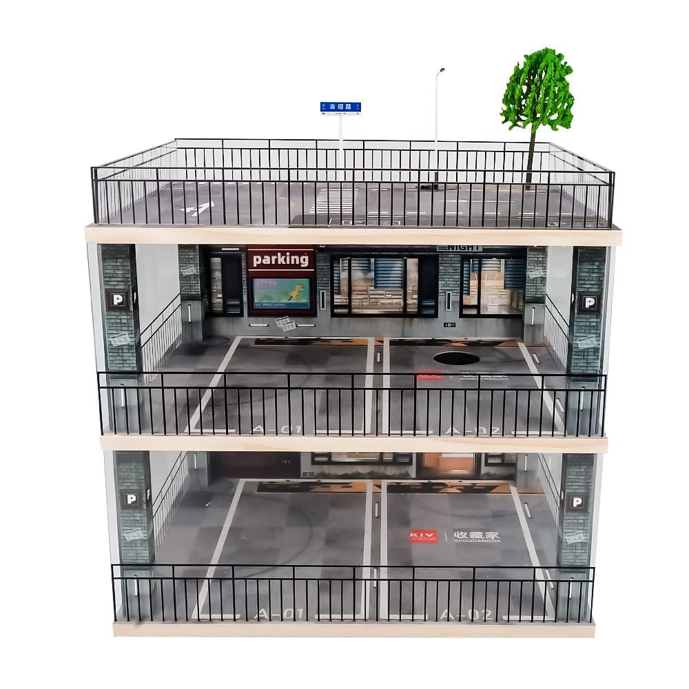 1:18 Scale 3-Tiers Model Car Display Case with Parking Lot Scene for Sports Car and Lego Models Collector, Display Stand for Alloy Car Toy with Light (3-Tiers Convenience Store Parking Lot)