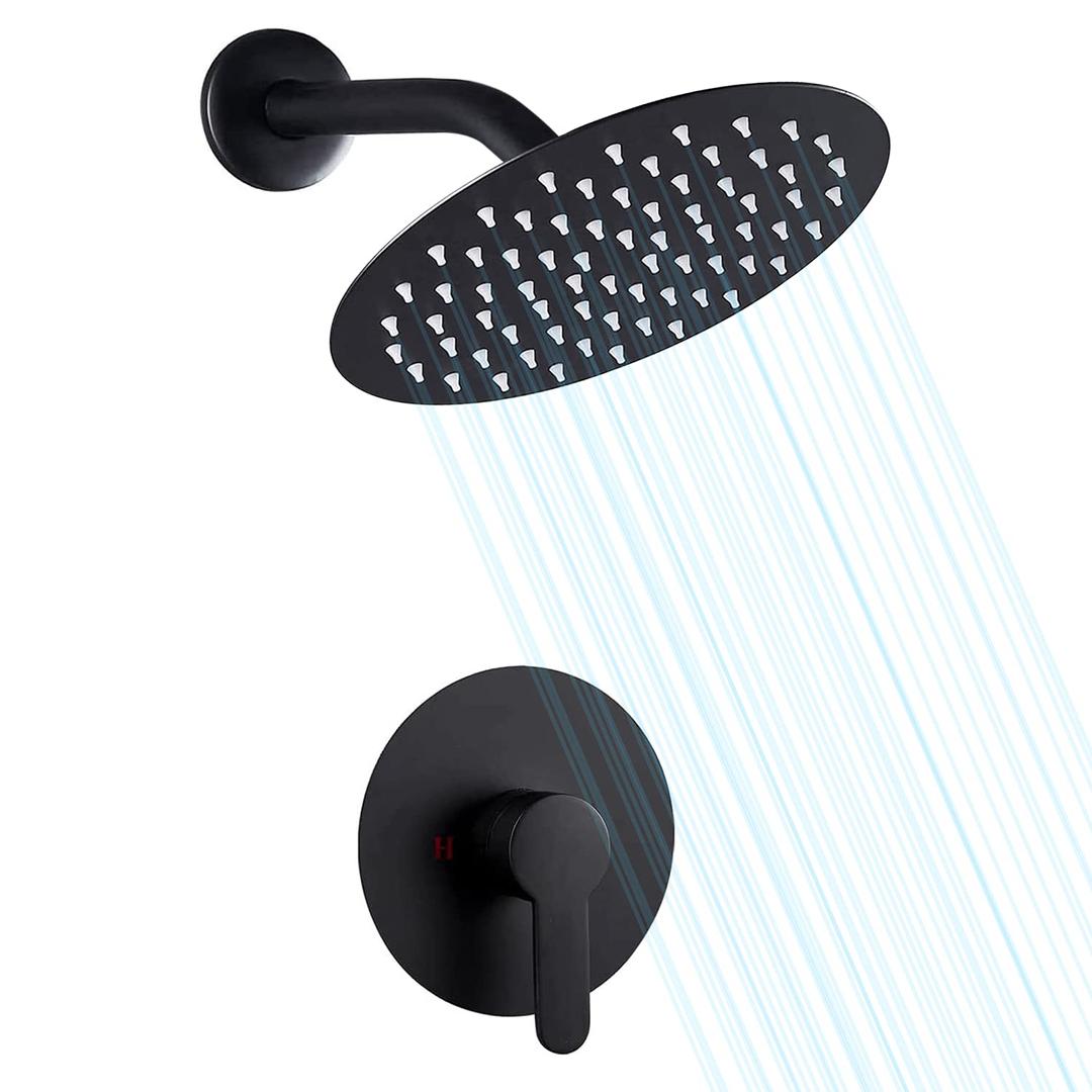 Airuida Single Function Shower Trim Kit Shower Faucet Set Wall Mount 8 Inch Round Rainfall Shower Head and Handle Set Single Handle Shower System Set with Female Threads Valve Matte Black