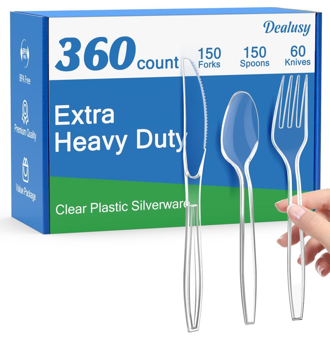 360 Count Extra Heavy Duty Clear Plastic Silverware, 150 Forks, 150 Spoons, 60 Knives, BPA-Free, Heat Resistant, Disposable Plastic Utensils Set, Plastic Cutlery Set, Plasticware Bulk