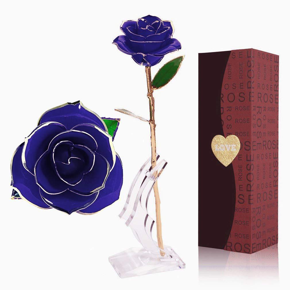 YINXN 24k Gold Rose, Gold Plated Rose 24k Gold Dipped Rose Everlasting Long Stem Real Rose with Exquisite Holder,Romantic Gift for Valentine's Day, Anniversary, Birthday and Mother's Day (Blue)