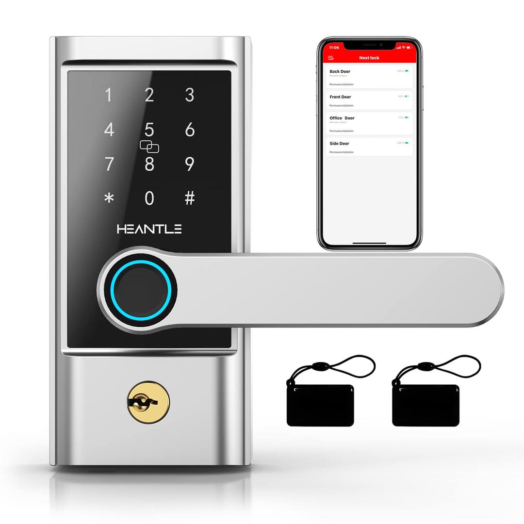 Smart Lock Keyless Entry Door Locks - HEANTLE Fingerprint Bluetooth Electronic Lever Touchscreen Keypad Deadbolt Alternative Digital Handle for Front Door Auto Lock Compatible with Alexa Silver