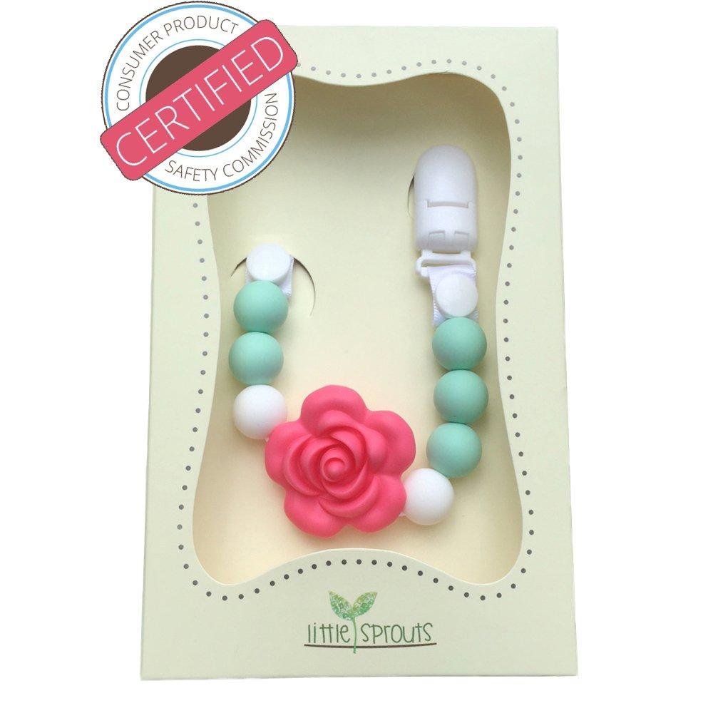 Little Sprouts | 2 in 1 Pacifier Clip | Teething Silicone Pacifier Clip | Girl Rose Pacifier Holder | Best for Baby Teether Toys, Stuffed Animals, Soothie Binky Clips/MAM, Infant Blankets & Drool Bibs