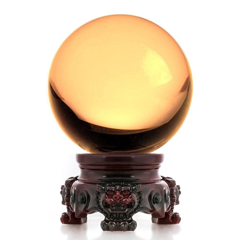 Amlong Crystal 3 inch (80mm) Yellow Crystal Ball with Redwood Lion Resin Stand and Gift Box for Decorative Ball, Lensball Photography, Gazing Divination or Feng Shui, and Fortune telling Ball