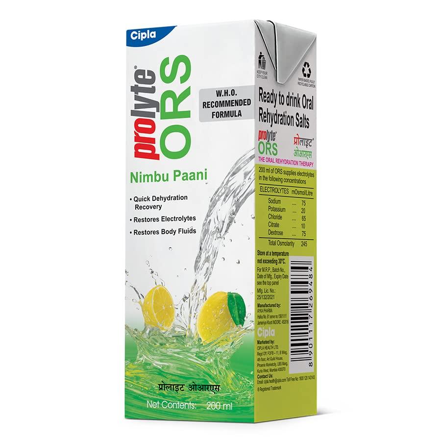 Cipla Prolyte Ors Ready To Drink Oral Rehydration Contains Vital Electrolytes Vegetarian|Restores Body Lost Due To Sweating,Diarrhea&Vomiting|Who Formula (Nimbu Paani,Pack Of 10), Lemon