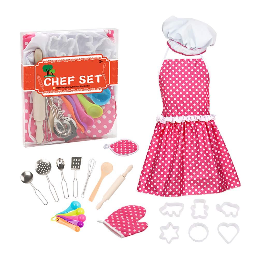 Funito Kids Cooking Baking Set 22Pcs, Kids Chef Role Play Costume Set - Chef Hat and Matching Pink Apron Children Dress up Pretend Gift for 3 4 5 6 7 8 Year Old Girls Toys