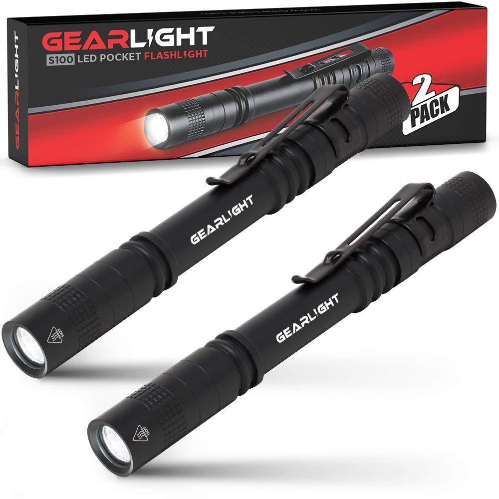 GearLight S100 LED Pocket Pen Light- 2 Small, Compact Flashlights with Clip for Tight Spaces, Police Inspection, Nurses & Medical Use